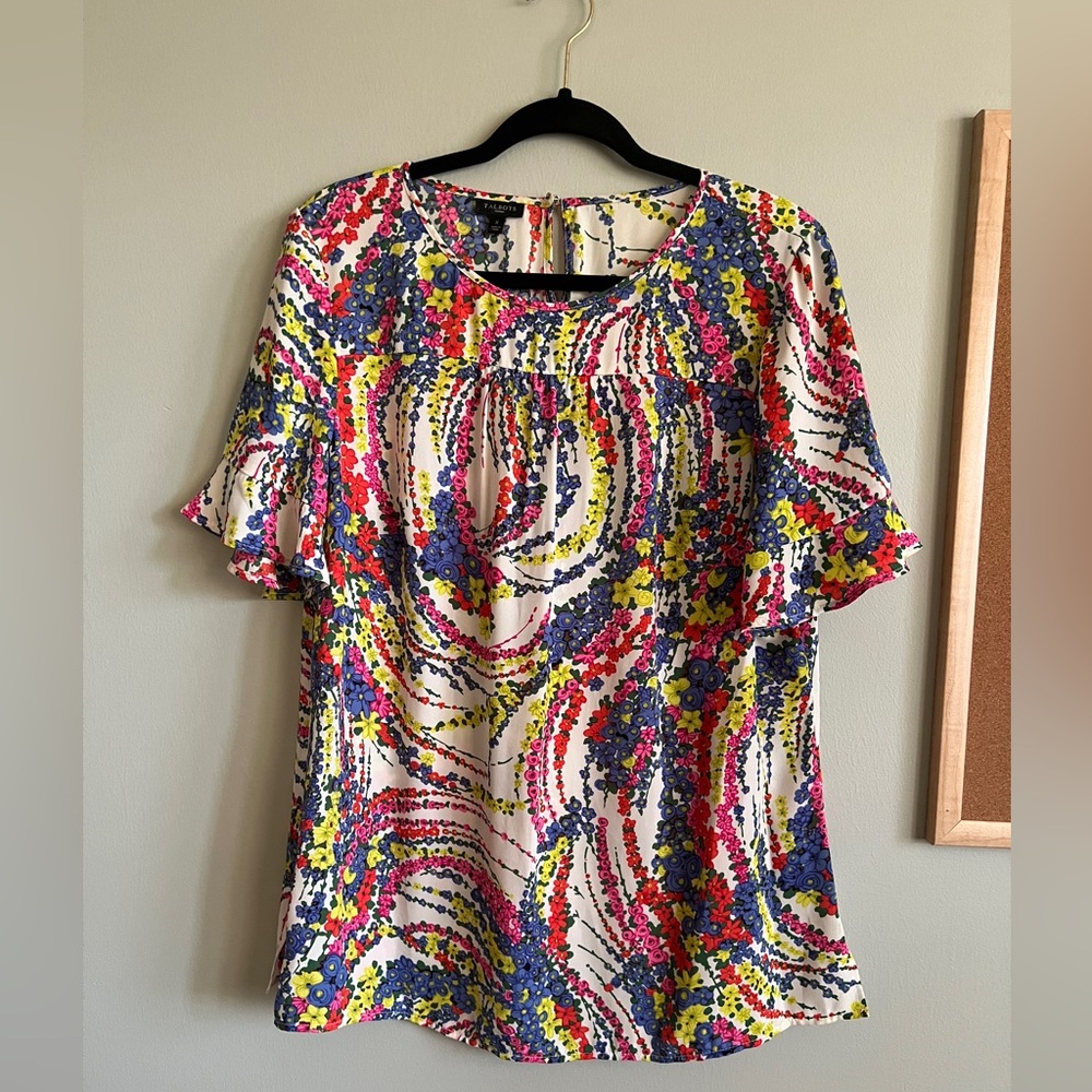 Talbots Short Sleeve Blouse Flower Pattern Ruffle Women